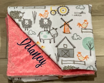 Farm Animal Blanket, Unisex Gift Personalized Minky Baby Blanket With Name, Sheep Minky Blanket, Barn Animal Baby, Farm Blanket