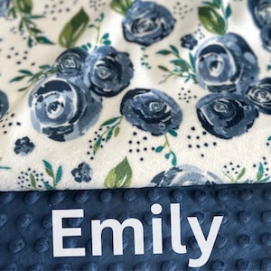 Floral Blanket, Personalized Minky Baby Blanket With Embroidered Name, Navy Rose Minky Blanket,  Navy Colored Baby Blanket, Floral Blanket