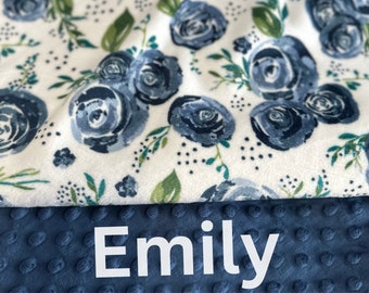 Floral Blanket, Personalized Minky Baby Blanket With Embroidered Name, Navy Rose Minky Blanket,  Navy Colored Baby Blanket, Floral Blanket