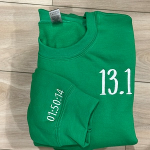 Custom Running Sweatshirt with time on Sleeve, Crewneck , Half Marathon Sweatshirt, Runners Gift, Running Attire,  13.1 gift, Runners Gift