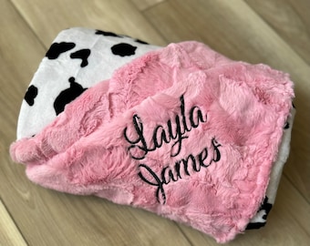 Cow Minky Blanket, Unisex Gift Personalized Minky Baby Blanket With Name, Cow Blanket, Farm theme blanket, Farm Baby, Cow Print Theme
