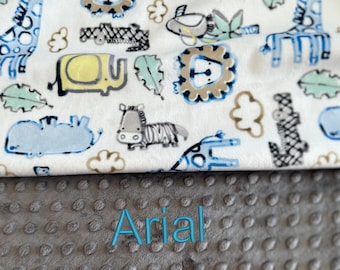 Safari Animal Blanket, Personalized Minky Baby Blanket With Name, Zebra Minky Blanket,  Elephant Baby Blanket, Loin Blanket