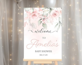 Floral Baby Shower Welcome Sign, Pink Rose Baby Shower Welcome Sign, Baby Shower Entrance Sign, Baby Shower Decor Baby Girl Baby Shower Sign