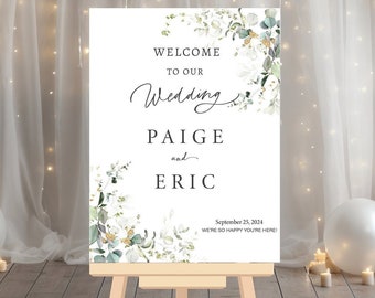 Green Floral Wedding Welcome Sign Printed, Eucalyptus Floral Wedding Welcome Sign Decor, Bride, and Groom Wedding Event Party Welcome Sign