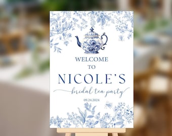 Blue Floral Bridal Tea Party Welcome Sign, Toile Bridal Shower Decor, Bride Groom Custom Wedding Welcome Sign, Bridal Shower Welcome Sign