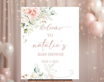Pink Roses and Peonies Floral Baby Shower Welcome Sign, Baby Shower Entrance Sign, Baby Girl Baby Shower Custom Welcome Sign