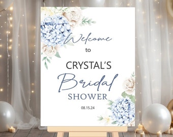 Blue Hydrangea Floral Bridal Shower Welcome Sign, Acrylic or Foam Board Sign, Bridal Shower Decorations, Bride and Groom Custom Welcome Sign