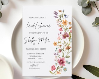 Bridal Shower Invitation Cards, Wildflower Bridal Shower Printed Invitation, Love in Bloom Floral Bridal Shower Invite, Spring Bridal Decor