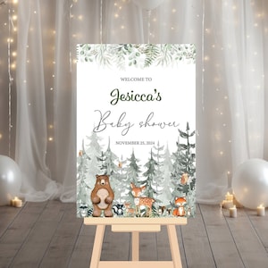 Letrero de bienvenida para baby shower con temática de bosque, letrero de entrada de bienvenida para baby shower con vegetación forestal, letrero de bienvenida personalizado para baby shower con género neutro