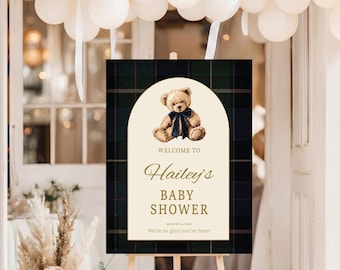 PRINTED + Shipped Classic Teddy Bear Baby Shower Welcome Sign, Preppy Navy Green Plaid Baby Shower Sign, Vintage Baby Shower Theme