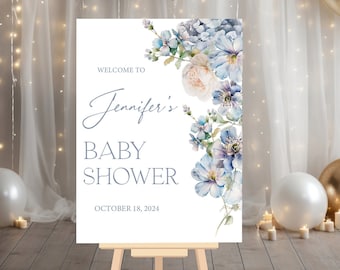 Dusty Blue Floral Baby Shower Welcome Sign, Gender Neutral Baby Shower Welcome Sign, Vintage Floral Baby Shower Decor