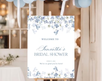 Blue Floral Bridal Shower Welcome Sign, Dusty Blue Floral Hydrangea Wedding Shower Sign, Something Blue Sign Digital