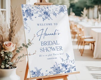 Blue Floral Bridal Shower Welcome Sign, Vintage Chinoiserie Bridal Shower Sign, Toile Bridal Shower Sign Printed + Shipped