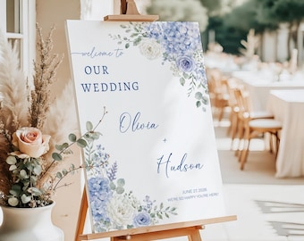 Dusty Blue Hydrangea Wedding Welcome Sign, Blue Hydrangea Wedding Sign Digital