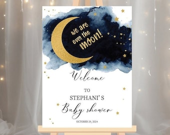 Over The Moon Baby Shower Welcome Sign, Baby Shower Welcome Sign Boy, Twinkle Little Star Baby Shower Poster, Moon Stars Baby Shower Decor