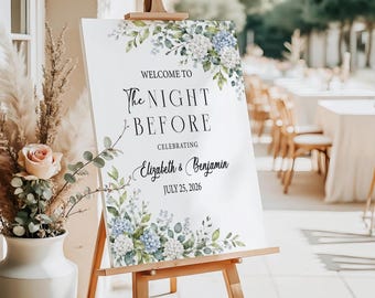 The Night Before Wedding Rehearsal Dinner Welcome Sign, Blue Hydrangea and Eucalyptus Rehearsal Dinner Sign Printed + Shipped
