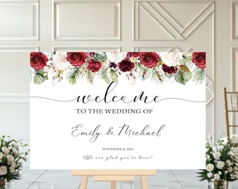 Winter Wedding Welcome Sign, Christmas Wedding Sign, Burgundy Florals Welcome To Our Wedding Sign, Wedding Sign Foam Board, Poster