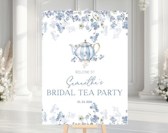 Tea Party Bridal Shower Welcome Sign, Dusty Blue Floral Bridal Brunch Welcome Sign, Hydrangea  Flowers Bridal Shower Sign, Printed + Shipped