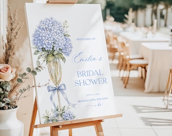 Blue Hydrangea Bridal Shower Welcome Sign, Champagne Glass Floral Bridal Shower Sign Printed + Shipped