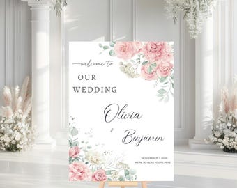 Hydrangea Blush Pink Wedding Welcome Sign, Pink Floral Wedding Sign, Event Party Welcome Sign, Printed + Shipped
