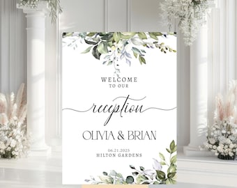 Wedding Reception Welcome Sign, Eucalyptus Leaves Reception Welcome Sign, Bride and Groom Wedding Event Party Welcome Sign