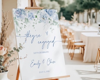 They’re Engaged Sign, Dusty Blue Engagement Party Welcome Sign, Blue Hydrangea Floral Engagement Sign Printed + Shipped