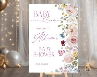 Baby In Bloom Baby Shower Welcome Sign,  Wildflower Baby Shower Sign, Spring Baby Shower Decor,  Pink Flowers Welcome Baby Shower Sign