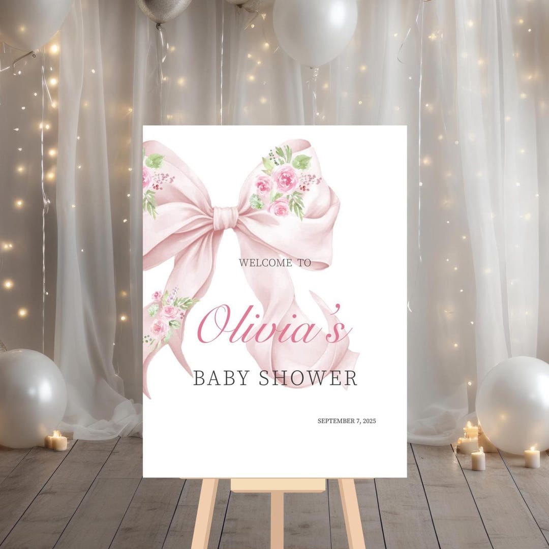 Pink Floral Bow Baby Shower Welcome Sign, Bow Baby Shower Sign ...