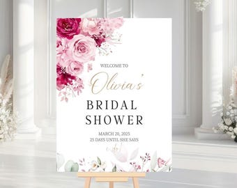 Pink Floral Bridal Shower Welcome Sign, Hot Pink Rose Bridal Shower Sign,  Peonies Bridal Shower Custom Welcome Sign Printed + Shipped