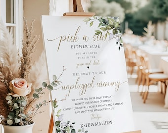 Unplugged Ceremony Sign, Eucalyptus Wedding Sign, Please Pick a Seat Either Side Sign, Greenery Wedding Welcome Sign Printed + Shipped