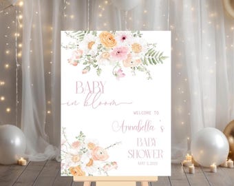 Floral Baby Shower Welcome Sign, Baby In Bloom Wild Flowers Baby Shower Sign, Baby Shower Decorations, Pink Flowers Welcome Baby Shower Sign