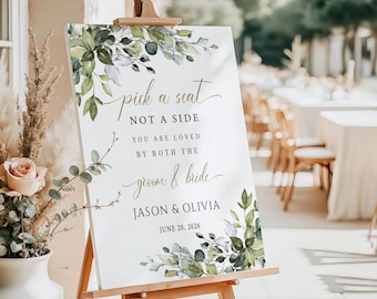 Printed + Shipped Greenery Wedding Pick A Seat Sign, Assigned Seats Not A Side Wedding Sign, Eucalyptus Wedding Sign,