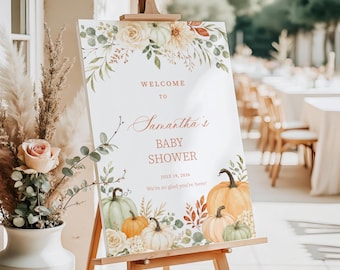Fall Pumpkin Baby Shower Welcome Sign, Pumpkin Baby Shower Sign, Autumn Floral Baby Shower Decor, Personalized Boho Sign Digital