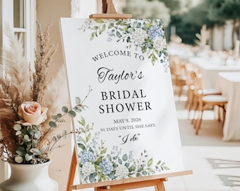 Eucalyptus Green Leaves and Hydrangea Bridal Shower Welcome Sign, Dusty Blue Floral Bridal Shower Sign Digital File