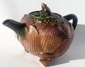 New Year Sale. Chinese Cloisonne Tea Pot, Cloisonne Lotus Blossom Tea Pot with Brass Frog on Lid, Chinese Cloisonne