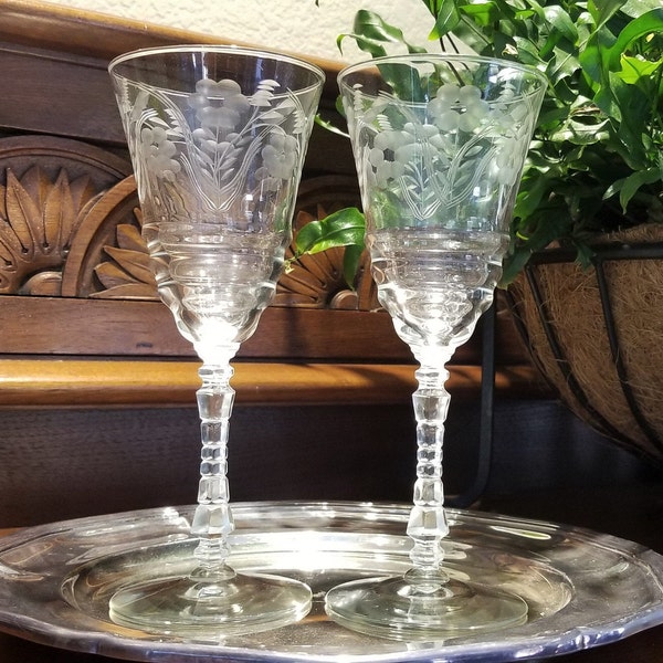 Pairs of Vintage Rock Sharpe Crystal Goblets, Pattern 3005 7, 1940s, Etched Flowers, Stepped Bowl, Stem 3005, 3 Pairs Available