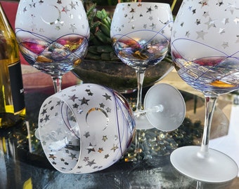 Balloon Wine Glasses, Stained Glass Look, Frosted Moon, Frosted Stars, Celestial, Bohemian, Wedding, Grand Millennial