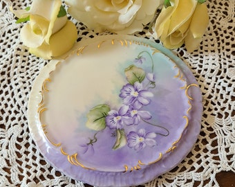 Teapot Stand Porcelain Trivet Lavendar Ground Violets Hand Painted Artist Signed Madonna Inn Advertising Piece Gift for Her