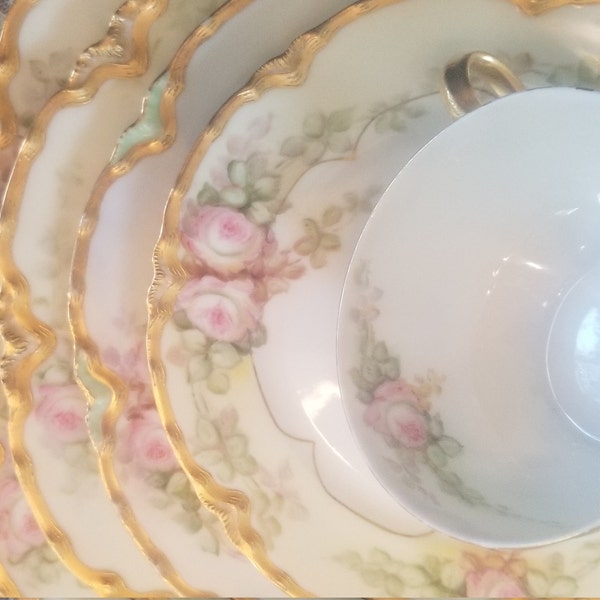 Reduced. Antique Haviland Limoges China Set, Haviland France, 57 Pieces, French Porcelain, Hand Painted Pink Roses, Gold Rims,  1894 to 1931