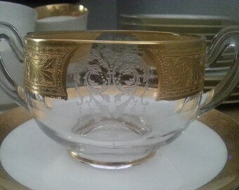 Sugar Bowl, Cambridge, BORDERO, Elegant Glass, Vintage, Gilt Embossed Rim, 1937-1940