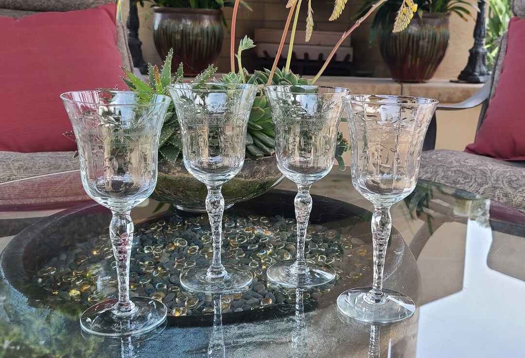 Wine Glass, Water Glass, Crystal, Etch Design, Vines Flowers, Seneca