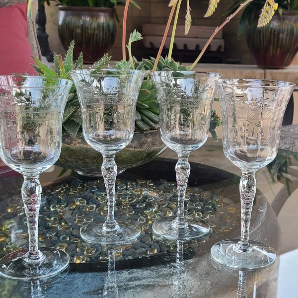 Wine Glass, Water Glass, Crystal, Etch Design, Vines Flowers, Seneca Glass, Vintage Drinkware, Elegant Barware, Hollywood Glam, Set 4