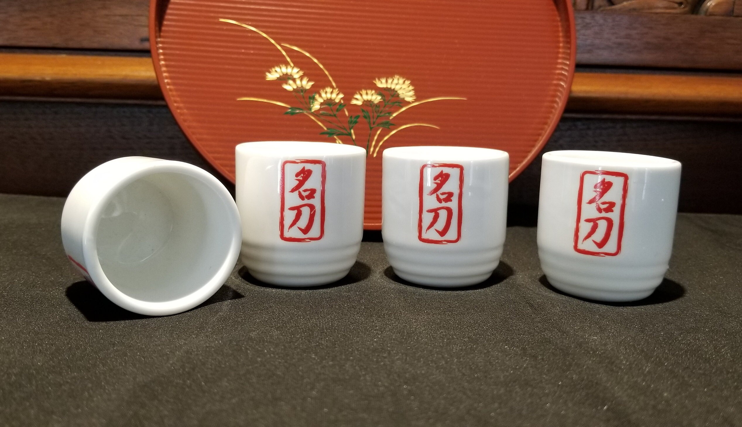Set of 4 Sake Cups Ceramic Japanese Sake Cups Red on White Etsy