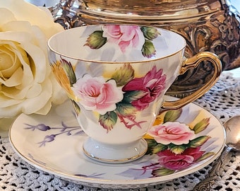 Teacup, Bone China, Hand Painted Roses, Pinks and Yellows, EW 2139, Gift for Her, Birthday, Mother's Day, Tea Party