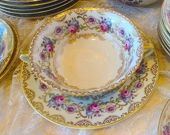 Bullion Cup Cream Soup Multicolored Flowers Gilt Scrolls Selb China Heinrich Co 1930s Grand Millennial Granny Chic Vintage 1 of 7