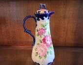 Nippon Chocolate Pot, Moriage Style, Hand Painted, Cobalt Accents, Pink Mums, Gold Dots