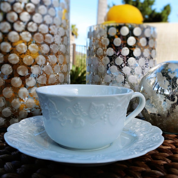 Dansk China French China Teacup Botanical White Embossed Surface Strawberries Leaves Vintage French Home Gift for Her Tea Party