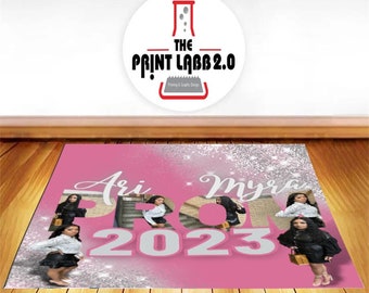 May include: Pink and silver glitter background with the text "Ari Myra Prom 2023" in white. Four photos of people are incorporated into the text.