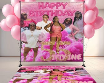 May include: A pink birthday party backdrop with the words "HAPPY BIRTHDAY" and the number "55" in gold glitter. The backdrop features images of several people. Pink balloons and a matching rug complete the scene.