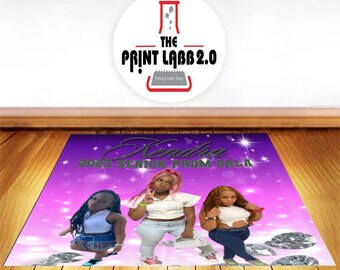 May include: Purple backdrop with silver glitter and diamonds. Three girls are standing in front of a purple backdrop with the text "2023 Senior Prom Gala" and the name "Kendra" at the top.
